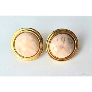 Vintage Napier Gold Tone Faux Marble Cream Pink Pierced Post Earrings